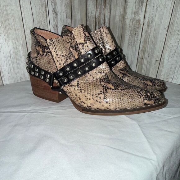 Green & Black Snakeskin Studded Harness Ankle Boots | Western Boho Rocker Bootie - Picture 3 of 13